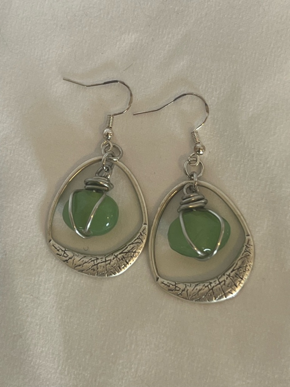 Silver Teardrop Wire-Wrapped Earrings with Jade Bead